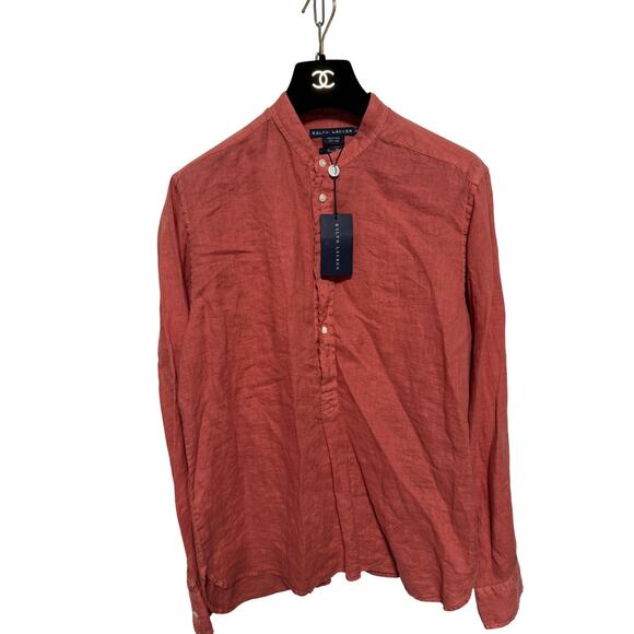 Ralph Lauren Shirt Womens 12 Coral Red Linen Band Collar Popover Classic Fit NWT - Picture 1 of 15
